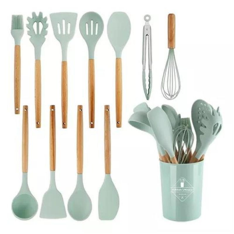 GENERICO - Set 12 Utensilios Cocina Mango Silicona Y Madera Repostería