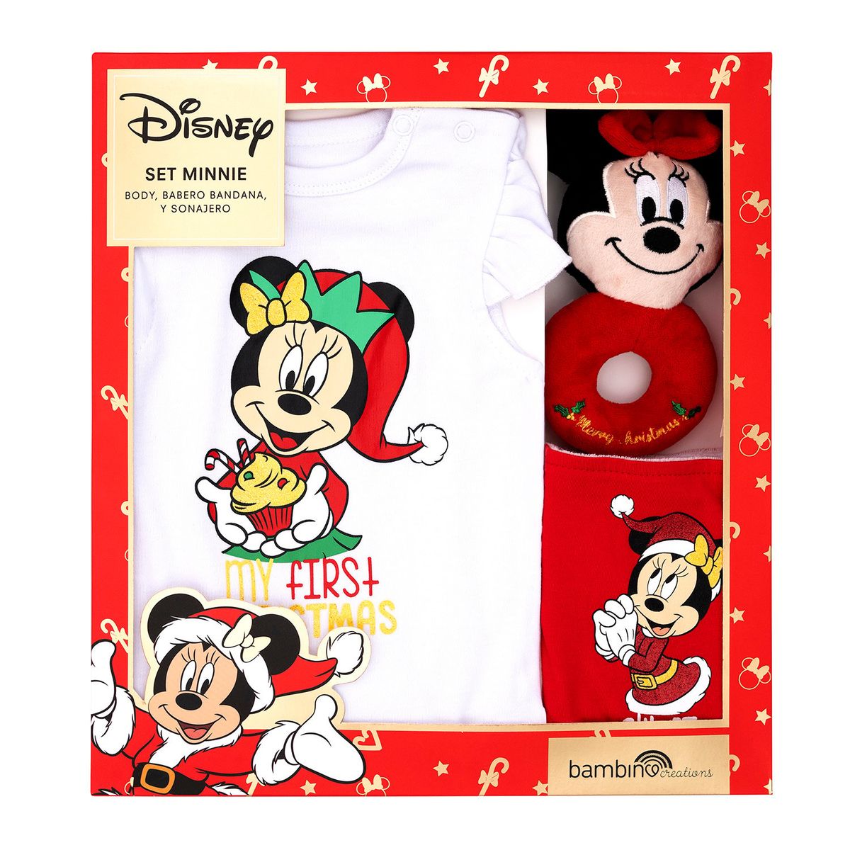 BAMBINO - Set 3 Piezas Navidad Disney Rojo Niña Minnie 9 - 12 Meses