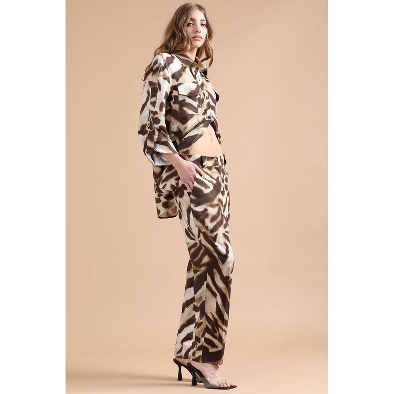 LIOLA - Pantalon Sastre, Con Lino, Animal Print, Cafe Liola