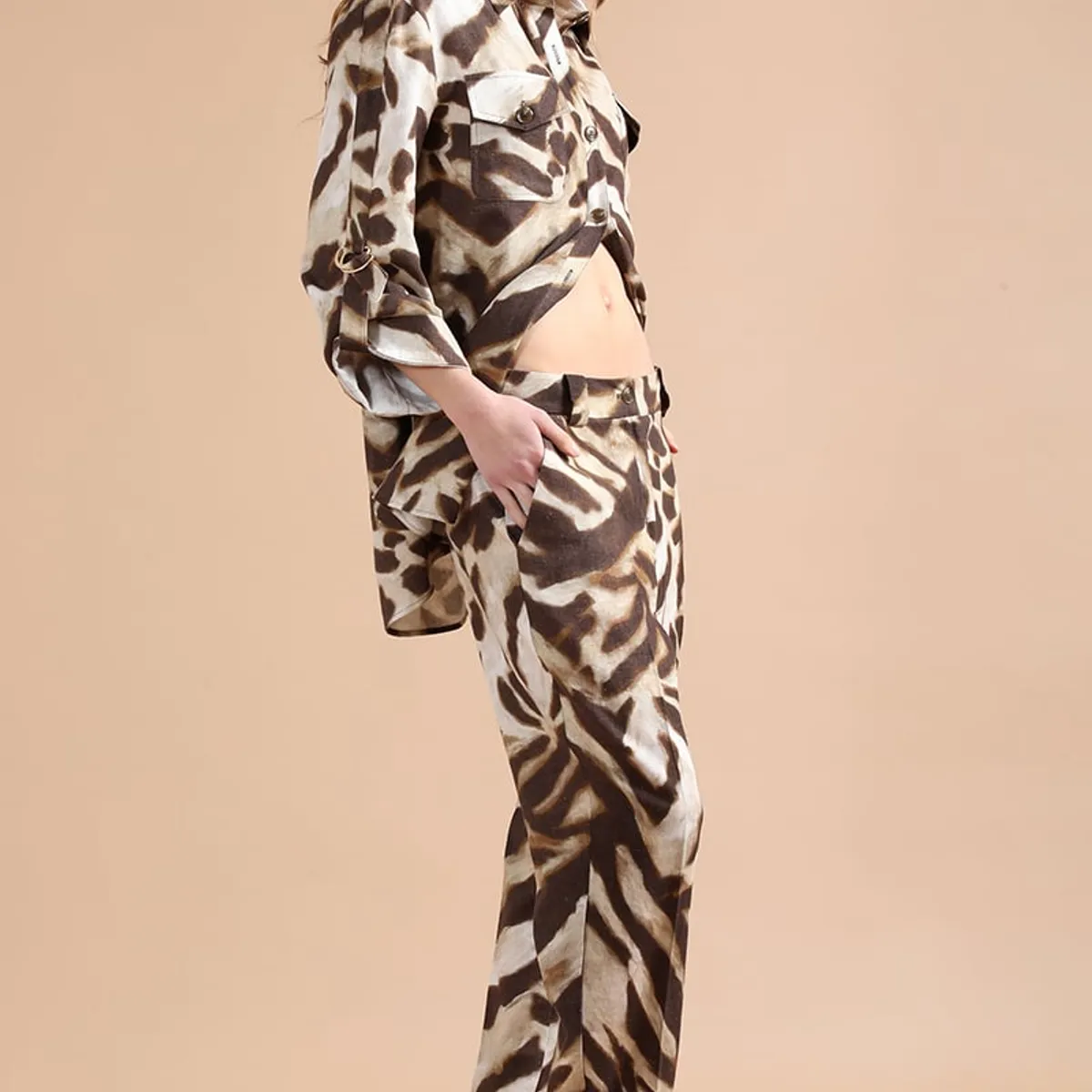 LIOLA - Pantalon Sastre, Con Lino, Animal Print, Cafe Liola