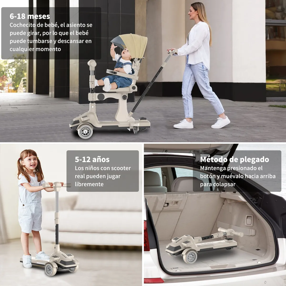 KOKILA - Patinete Plegable 2 en 1 con Asiento y Barra de Empuje