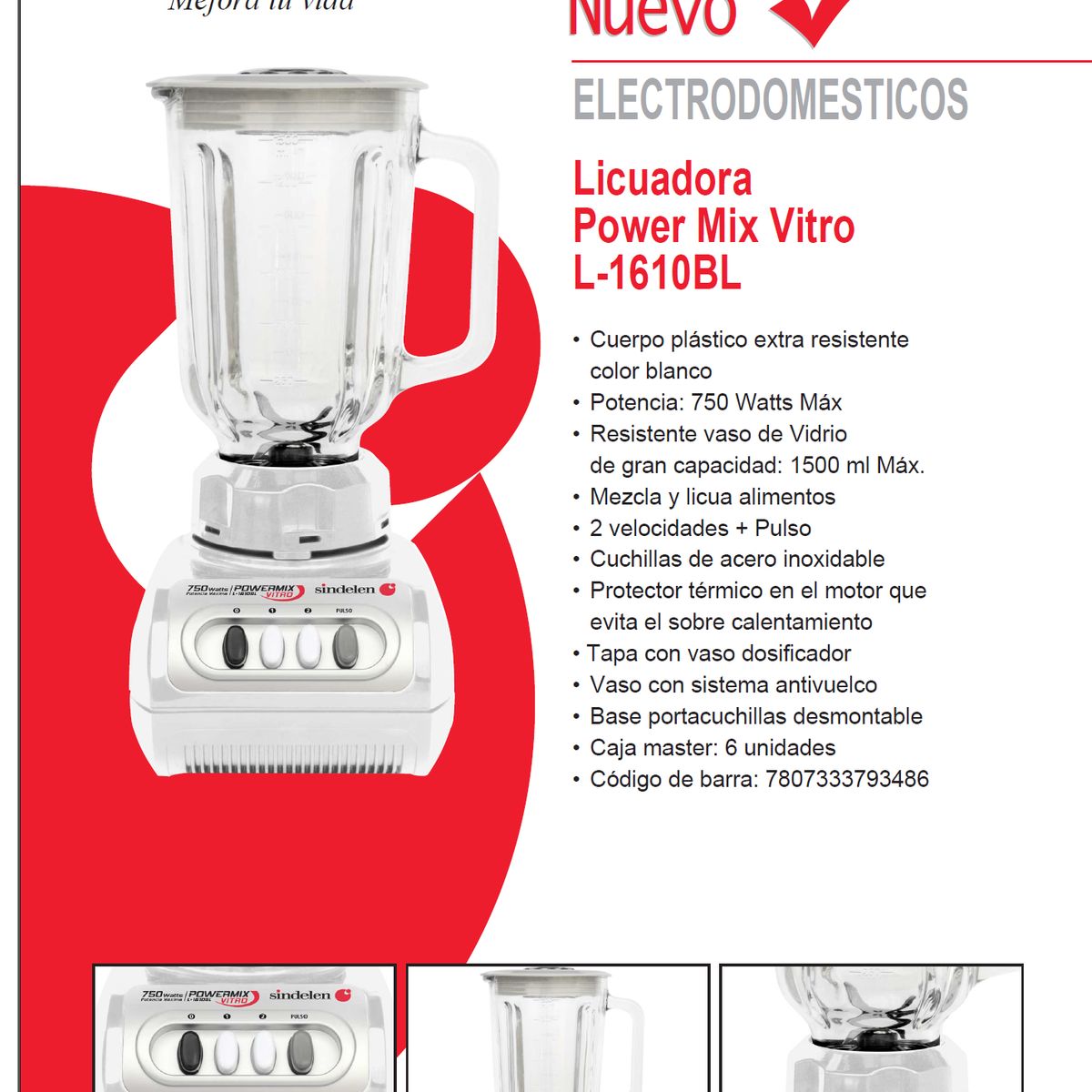 SINDELEN - Licuadora Juguera Sindelen L-1610BL con Jarro de Vidrio 15lt 750w