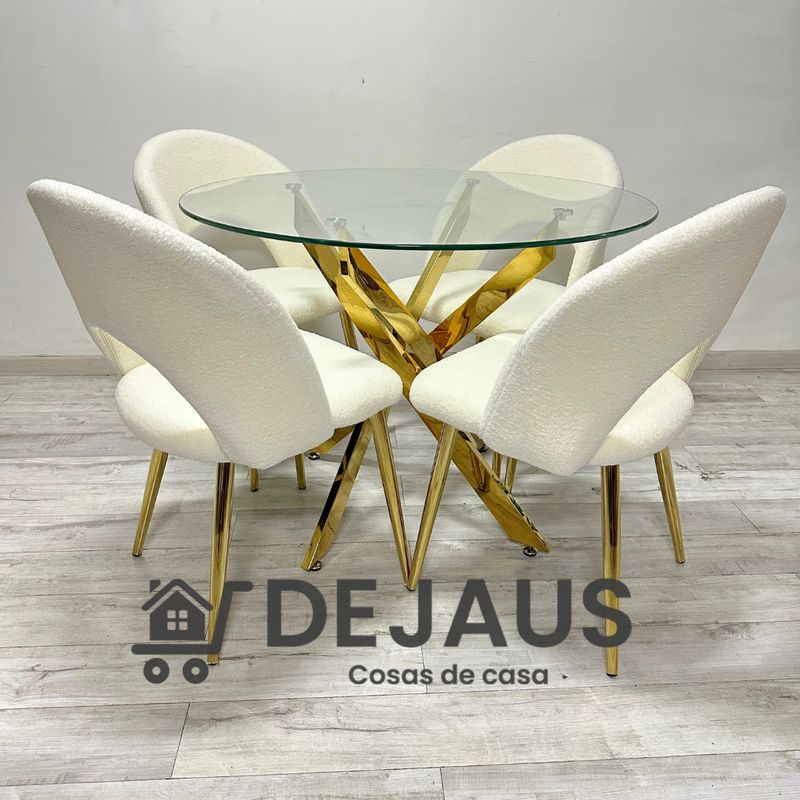 GENERICO - Mesa Dubai Dorada (100cm) con 4 Sillas Ovejita Dorada - Blanco