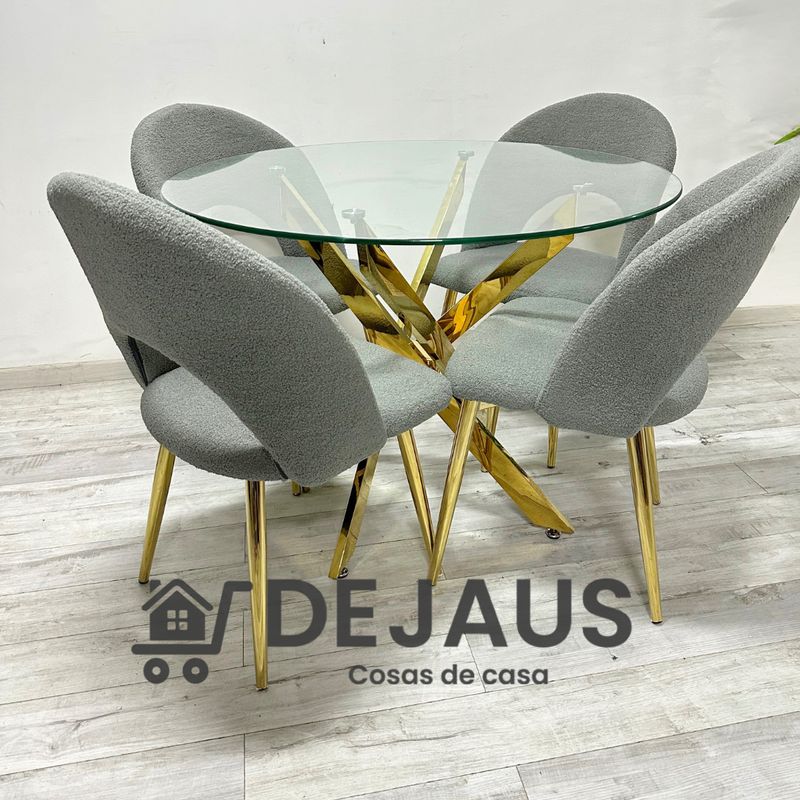 GENERICO - Mesa Dubai Dorada (100cm) con 4 Sillas Ovejita Dorada - Gris