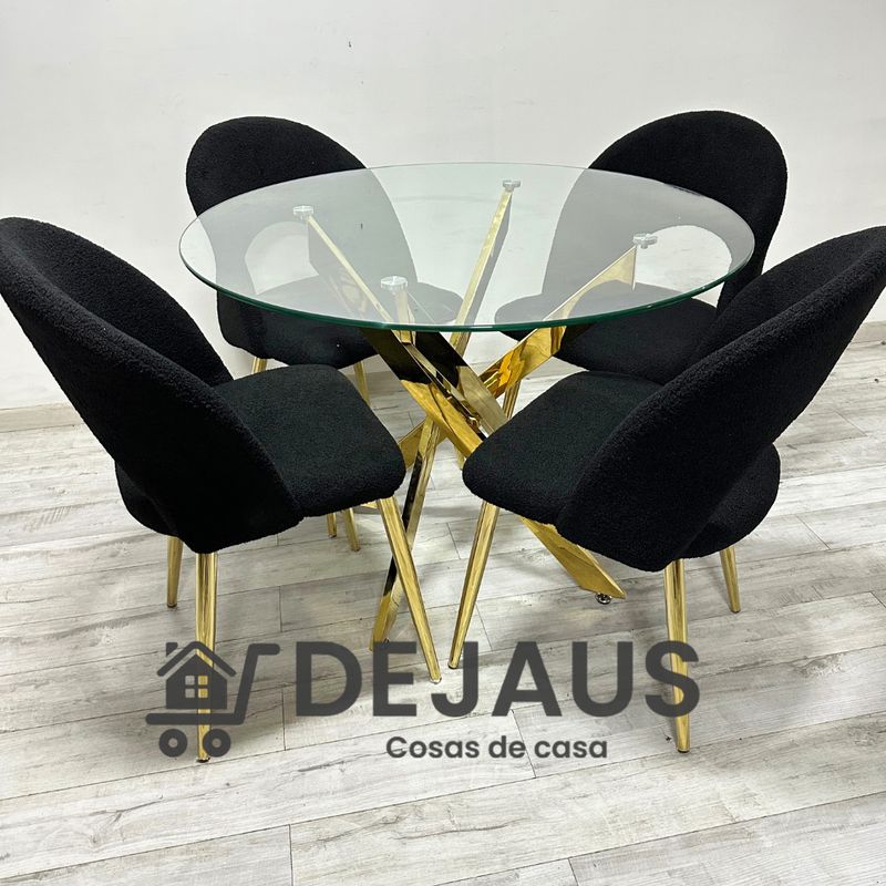 GENERICO - Mesa Dubai Dorada (120cm) con 4 Sillas Ovejita Dorada - Negro