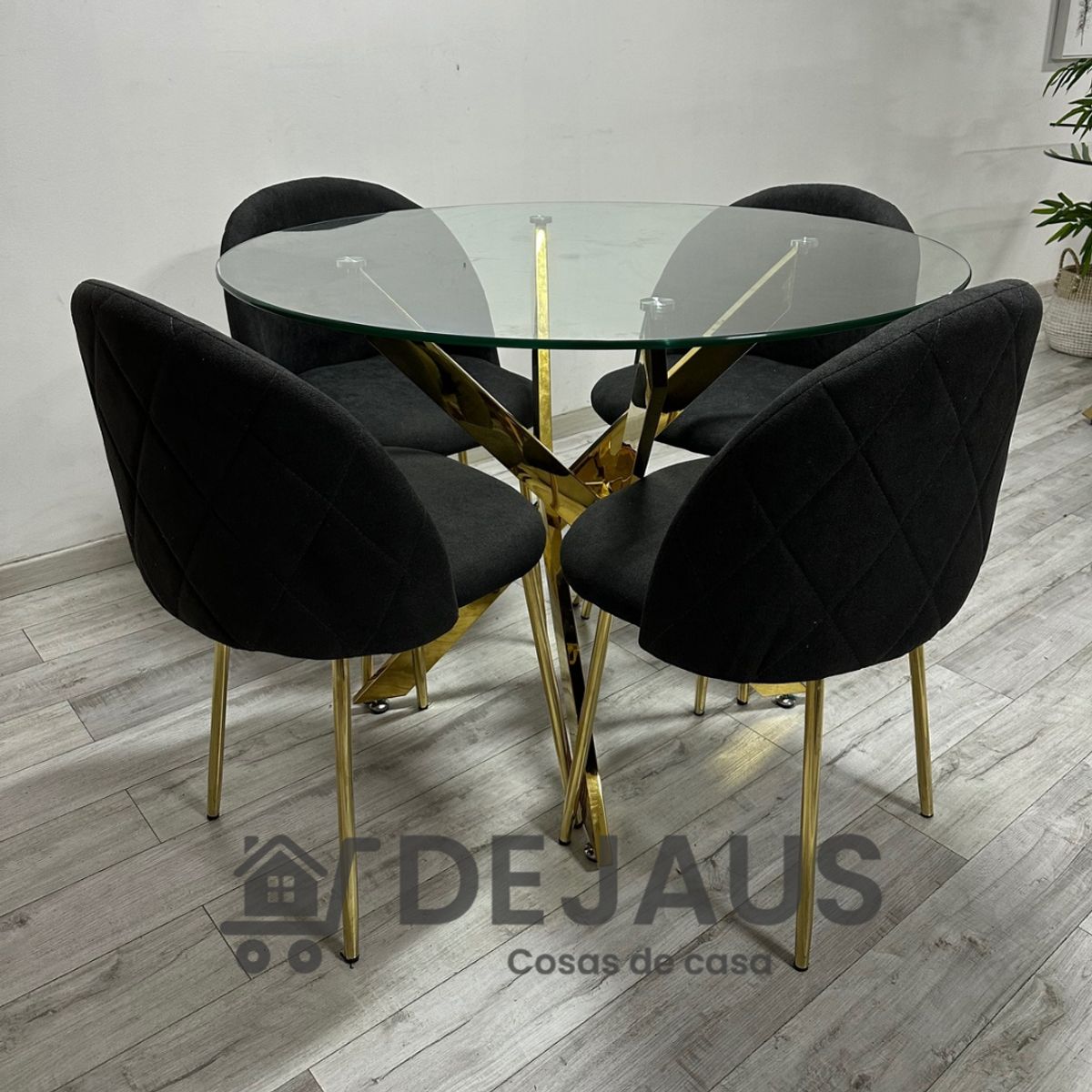GENERICO - Mesa Dubai Dorada (120cm) con 4 Sillas Tokio Lino Dorada - Negro