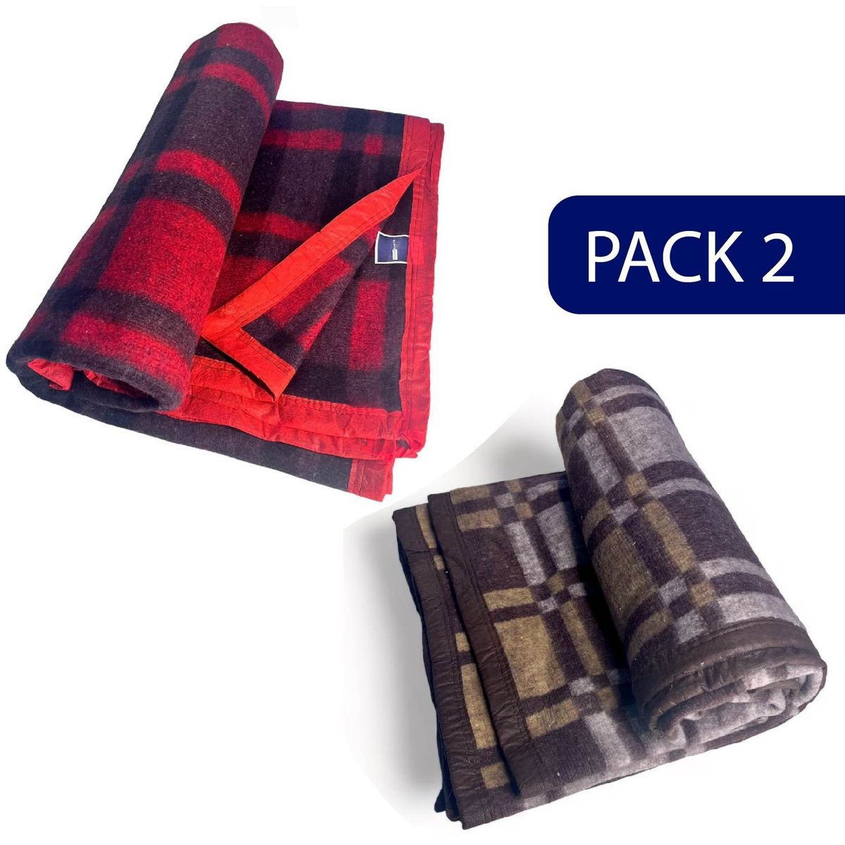 RANCO - Frazada Termica Escocesa PACK 2  Roja/Café 1,5 plazas 450g