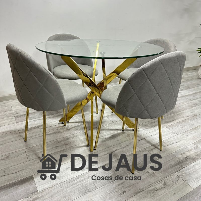 GENERICO - Mesa Dubai Dorada (100cm) con 4 Sillas Tokio Lino Dorada - Gris