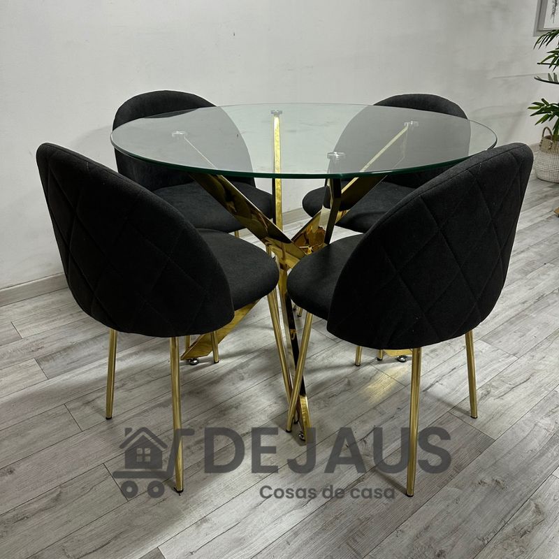 GENERICO - Mesa Dubai Dorada (100cm) con 4 Sillas Tokio Lino Dorada - Negro