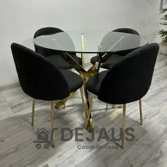 GENERICO - Mesa Dubai Dorada (80cm) con 4 Sillas Tokio Lino Dorada - Negro