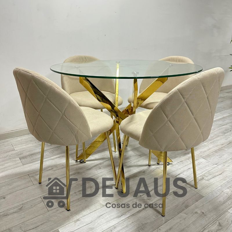 GENERICO - Mesa Dubai Dorada (80cm) con 4 Sillas Tokio Lino Dorada - Beige