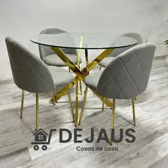 GENERICO - Mesa Dubai Dorada (80cm) con 4 Sillas Tokio Lino Dorada - Gris
