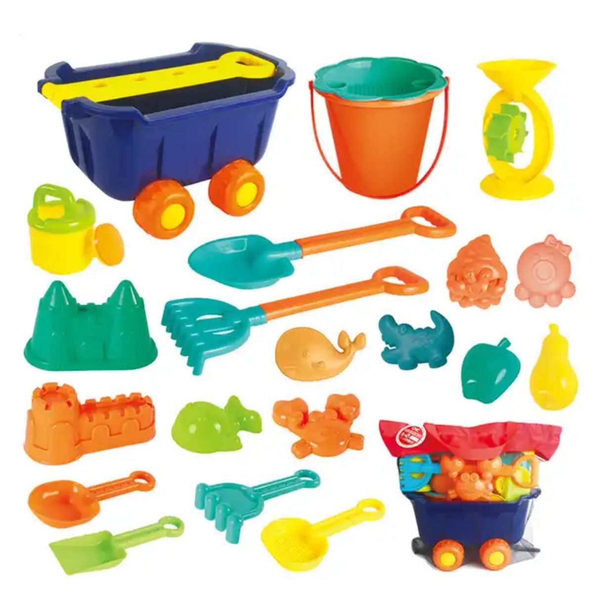 SPACEZAT - Camión Arrastre Palas y Moldes Arena 20 pzas Juguetes Playa