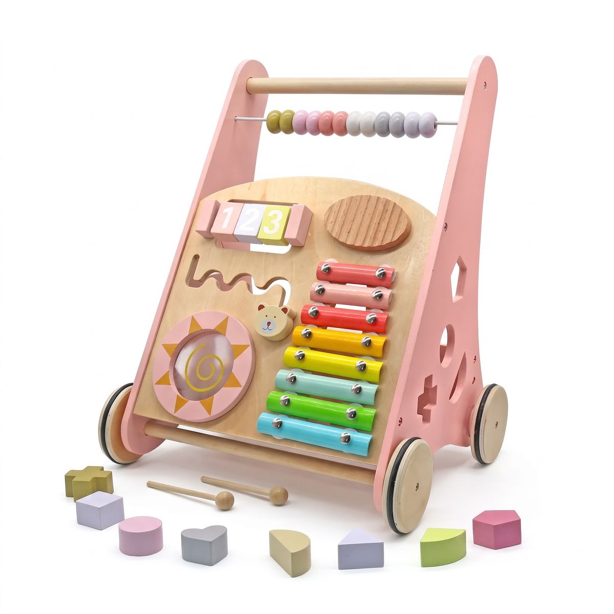 SPACEZAT - Correpasillo Andador Madera con Centro de Actividades Rosa