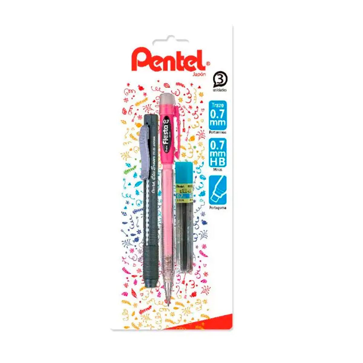 PENTEL - Set Portaminas Fiesta 07mm + Minas + Portagoma Pentel