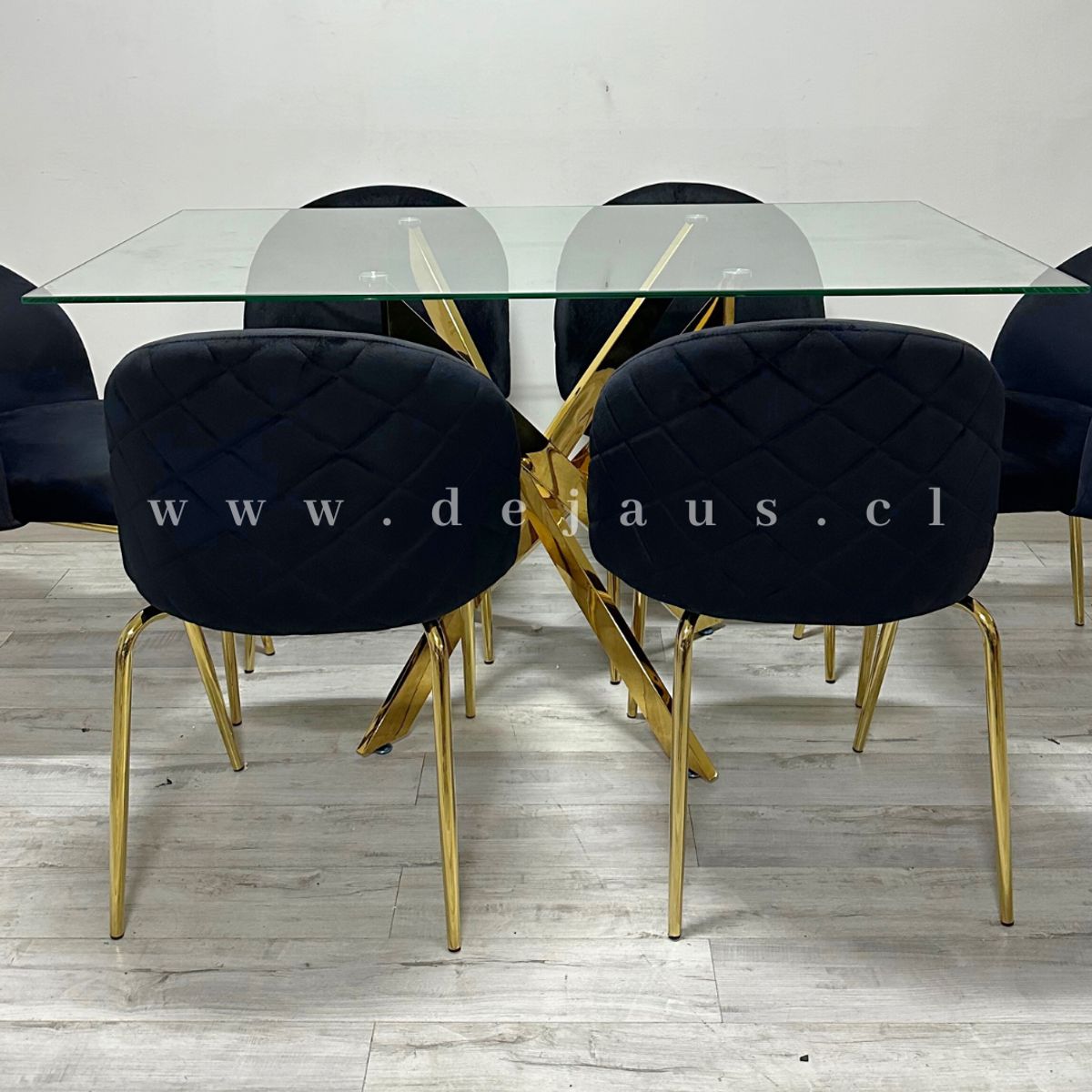 GENERICO - Mesa Dubai Rectangular Dorada con 4 Sillas Tokio Felpa Dorada - Negro