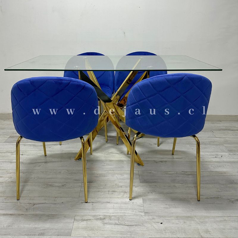 GENERICO - Mesa Dubai Rectangular Dorada con 4 Sillas Tokio Felpa Dorada - Azul