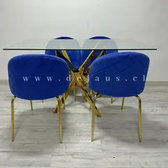 GENERICO - Mesa Dubai Rectangular Dorada con 4 Sillas Tokio Felpa Dorada - Azul