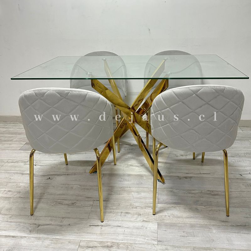 GENERICO - Mesa Dubai Rectangular Dorada con 4 Sillas Tokio Felpa Dorada - Gris
