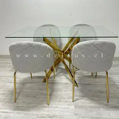 GENERICO - Mesa Dubai Rectangular Dorada con 4 Sillas Tokio Felpa Dorada - Gris