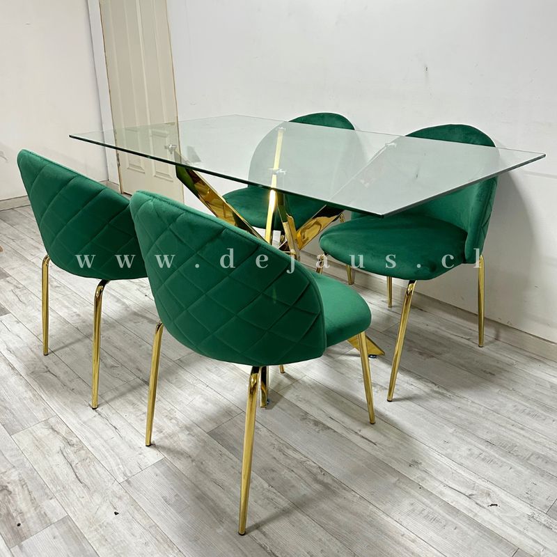 GENERICO - Mesa Dubai Rectangular Dorada con 4 Sillas Tokio Felpa Dorada - Verde