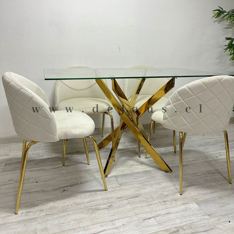 GENERICO - Mesa Dubai Rectangular Dorada con 4 Sillas Tokio Felpa Dorada - Blanco