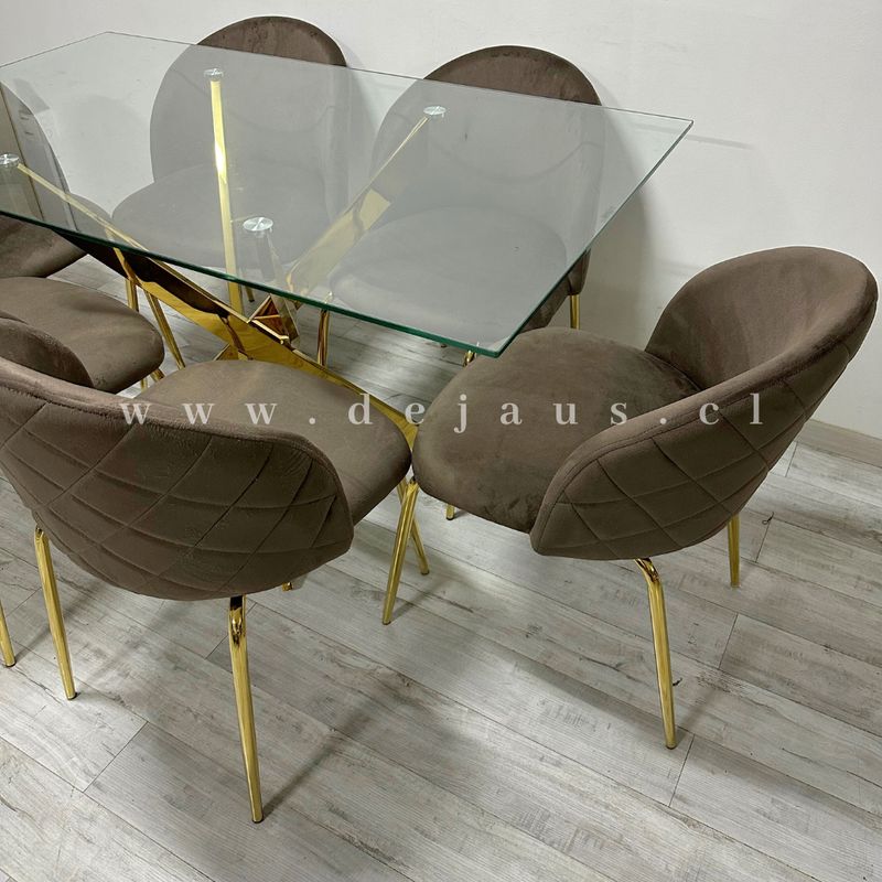 GENERICO - Mesa Dubai Rectangular Dorada con 4 Sillas Tokio Felpa Dorada - Marrón