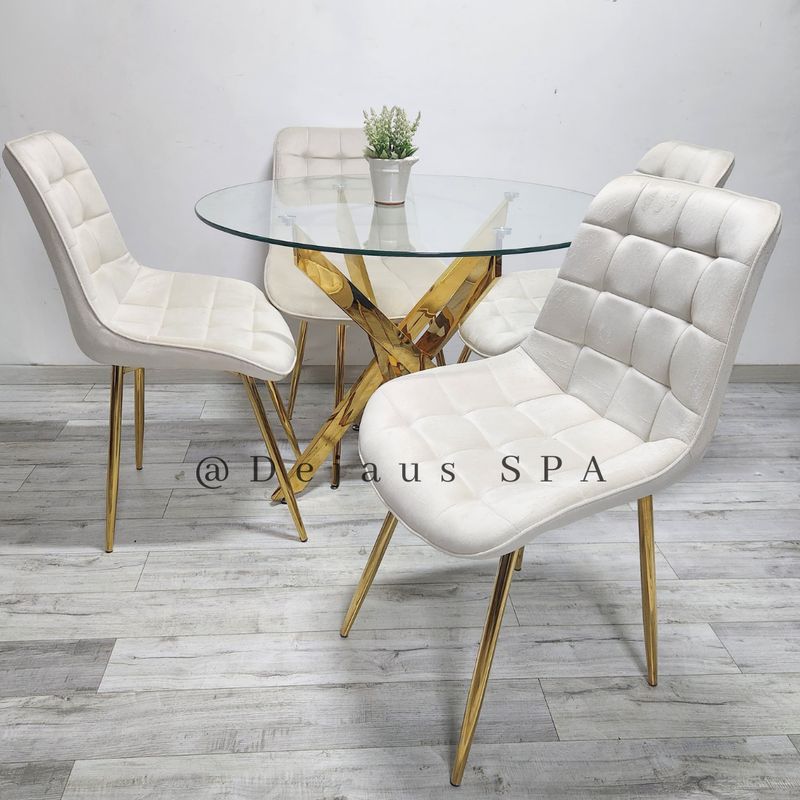GENERICO - Mesa Dubai Dorada (120cm) con 4 Sillas Botón Dorada - Beige