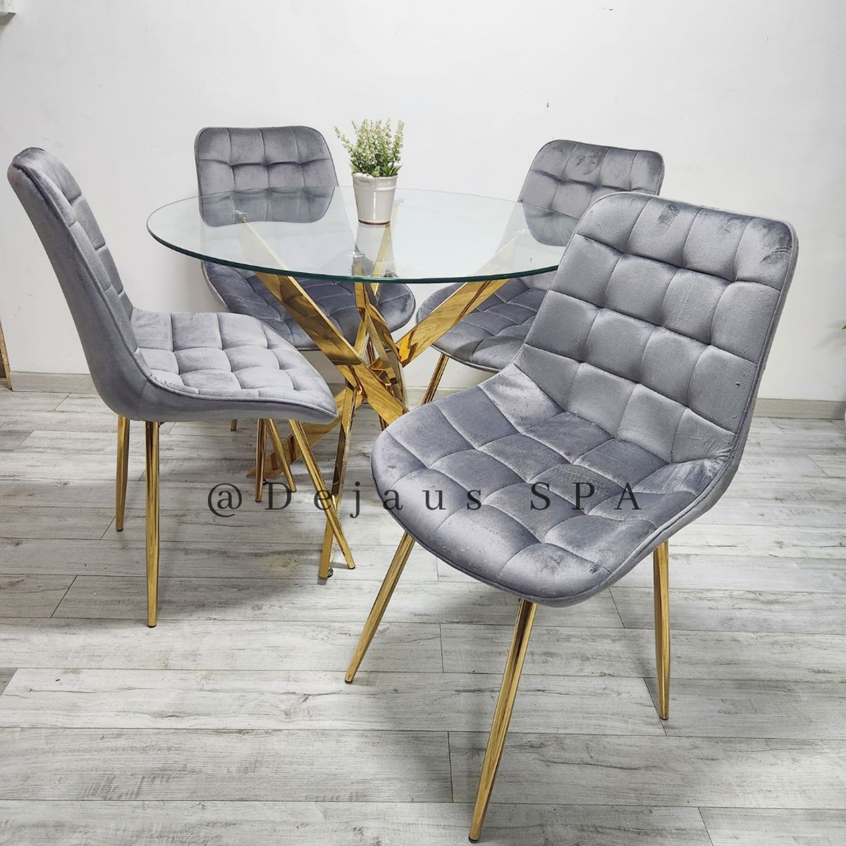 GENERICO - Mesa Dubai Dorada (100cm) con 4 Sillas Botón Dorada - Gris