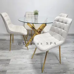 GENERICO - Mesa Dubai Dorada (80cm) con 4 Sillas Botón Dorada - Beige