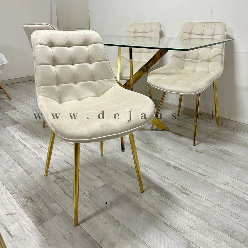 GENERICO - Mesa Dubai Rectangular Dorada con 4 Sillas Botón Dorada - Beige