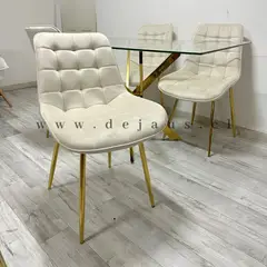 GENERICO - Mesa Dubai Rectangular Dorada con 4 Sillas Botón Dorada - Beige