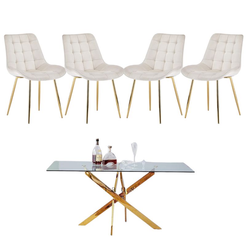 GENERICO - Mesa Dubai Rectangular Dorada con 4 Sillas Botón Dorada - Blanco