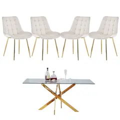 GENERICO - Mesa Dubai Rectangular Dorada con 4 Sillas Botón Dorada - Blanco