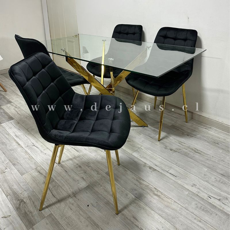 GENERICO - Mesa Dubai Rectangular Dorada con 4 Sillas Botón Dorada - Negro