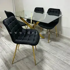 GENERICO - Mesa Dubai Rectangular Dorada con 4 Sillas Botón Dorada - Negro