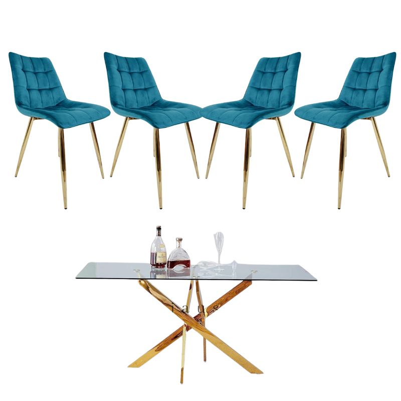 GENERICO - Mesa Dubai Rectangular Dorada con 4 Sillas Botón Dorada - Turquesa