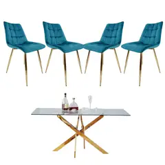 GENERICO - Mesa Dubai Rectangular Dorada con 4 Sillas Botón Dorada - Turquesa