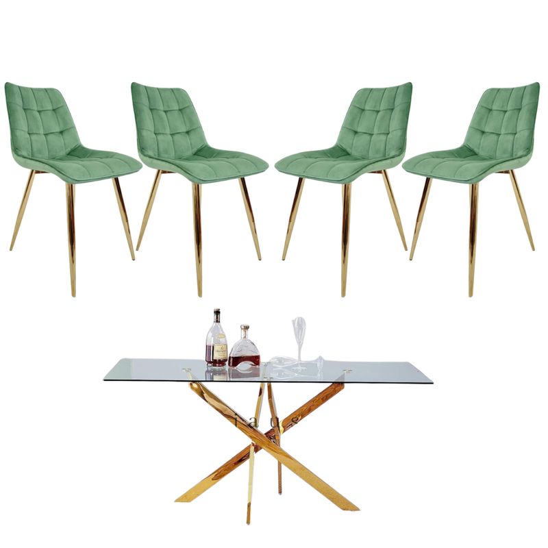 GENERICO - Mesa Dubai Rectangular Dorada con 4 Sillas Botón Dorada - Verde