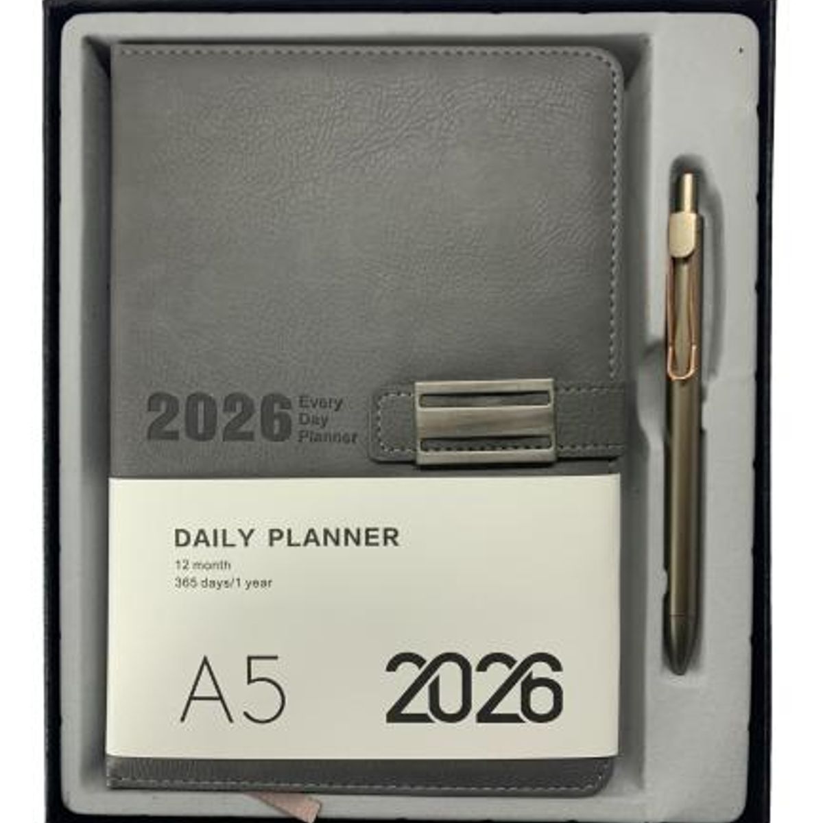 GENERICO - Agenda Gris Claro Año 2026 Planner Cuero Sintetico C/Lapiz