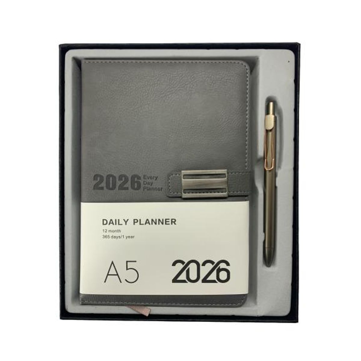 GENERICO - Agenda Gris Claro Año 2026 Planner Cuero Sintetico C/Lapiz
