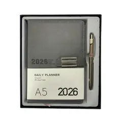 GENERICO - Agenda Gris Claro Año 2026 Planner Cuero Sintetico C/Lapiz