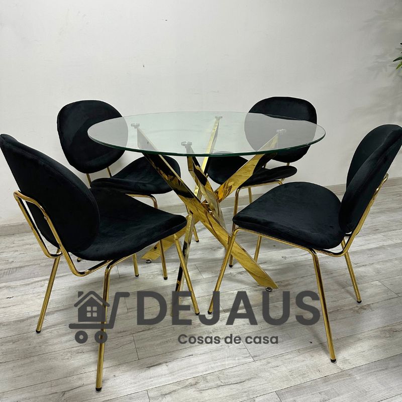GENERICO - Mesa Dubai Dorada (80cm) con 4 Sillas Leidy Felpa Dorada - Negro