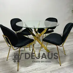 GENERICO - Mesa Dubai Dorada (100 cm) con 4 Sillas Leidy Felpa Dorada - Negro
