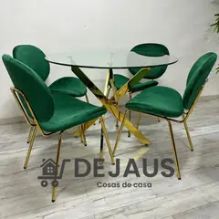 GENERICO - Mesa Dubai Dorada (100 cm) con 4 Sillas Leidy Felpa Dorada - Verde