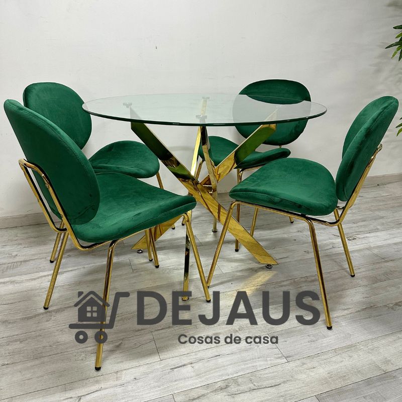 GENERICO - Mesa Dubai Dorada (120 cm) con 4 Sillas Leidy Felpa Dorada - Verde