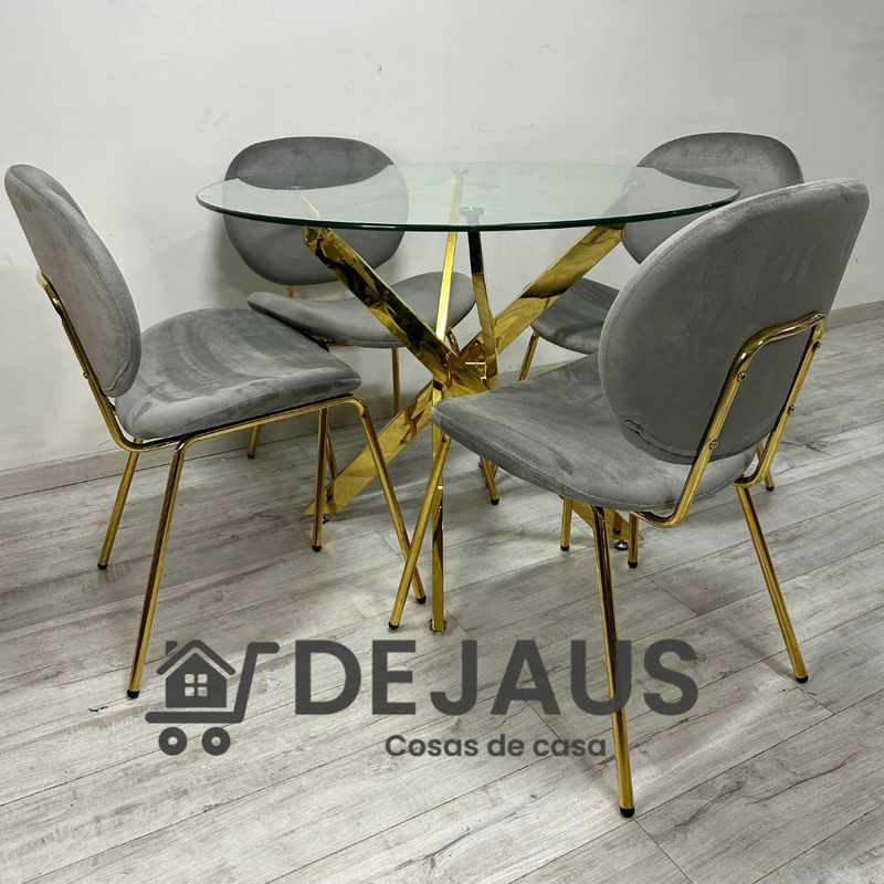 GENERICO - Mesa Dubai Dorada (120 cm) con 4 Sillas Leidy Felpa Dorada - Gris