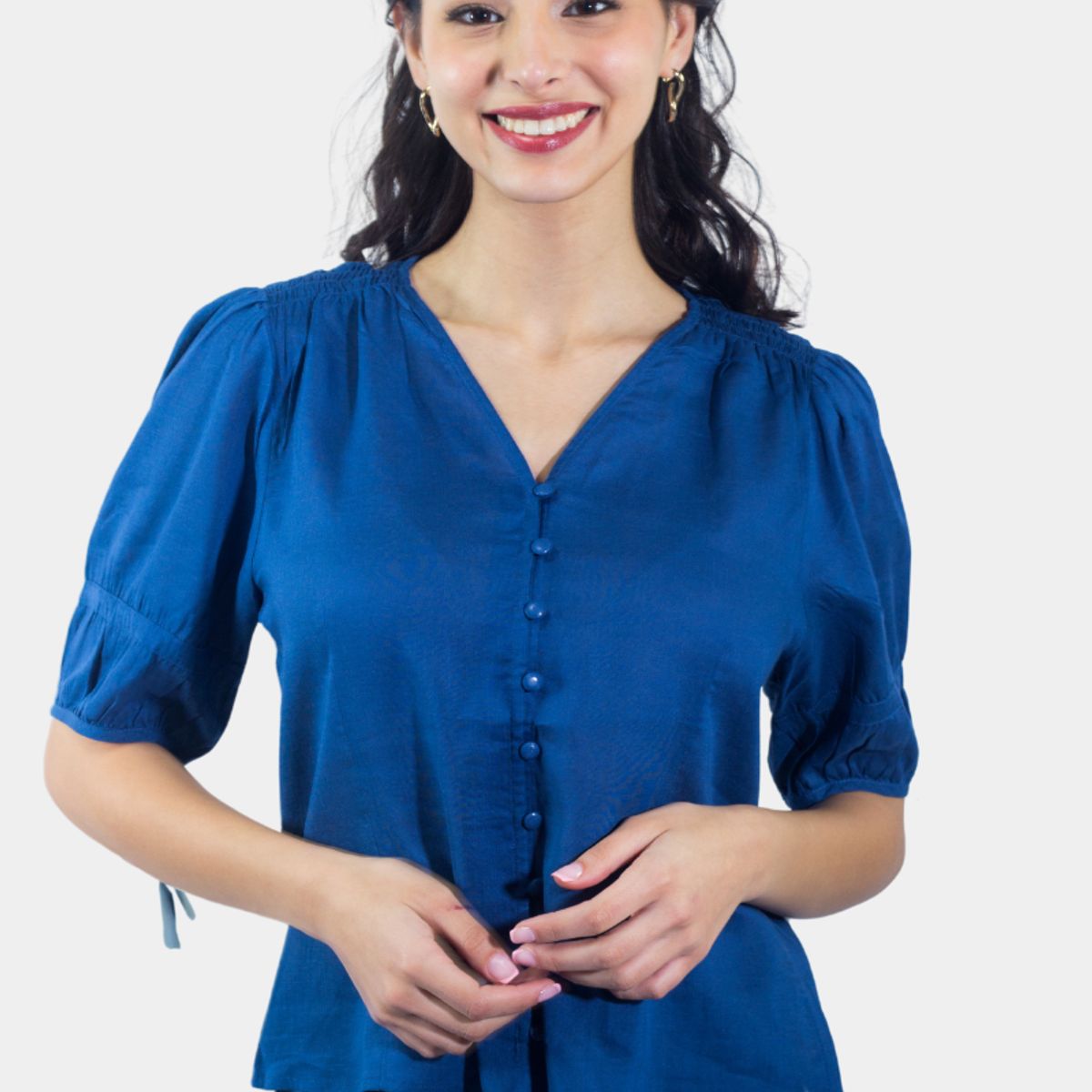 TENTATION - Blusa Abotonada Manga Tres Cuartos Azul Tentation