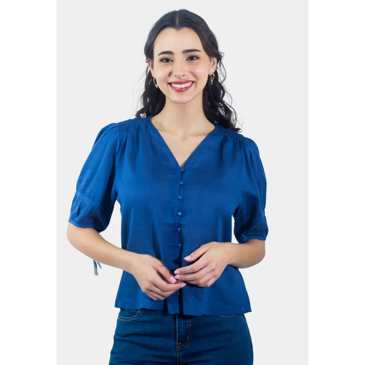 TENTATION - Blusa Abotonada Manga Tres Cuartos Azul Tentation