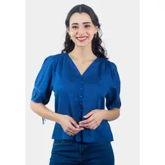 TENTATION - Blusa Abotonada Manga Tres Cuartos Azul